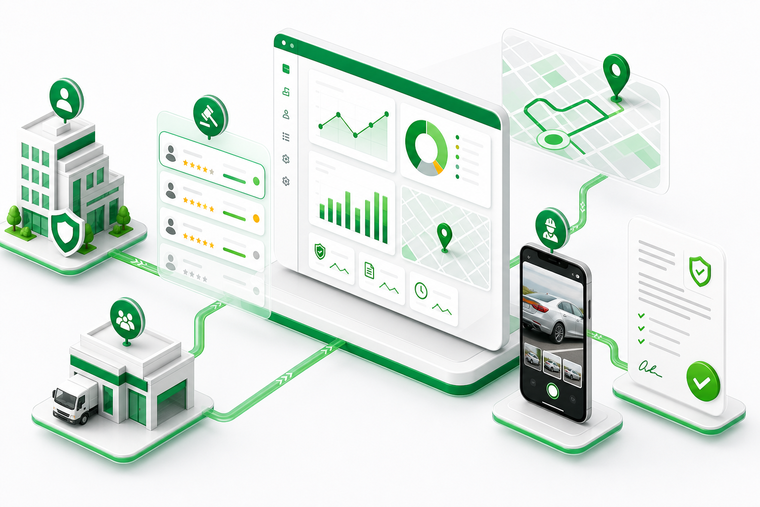 Isometric InspectKro insurance inspection marketplace with bidding, GPS tracking, surveyor app and analytics